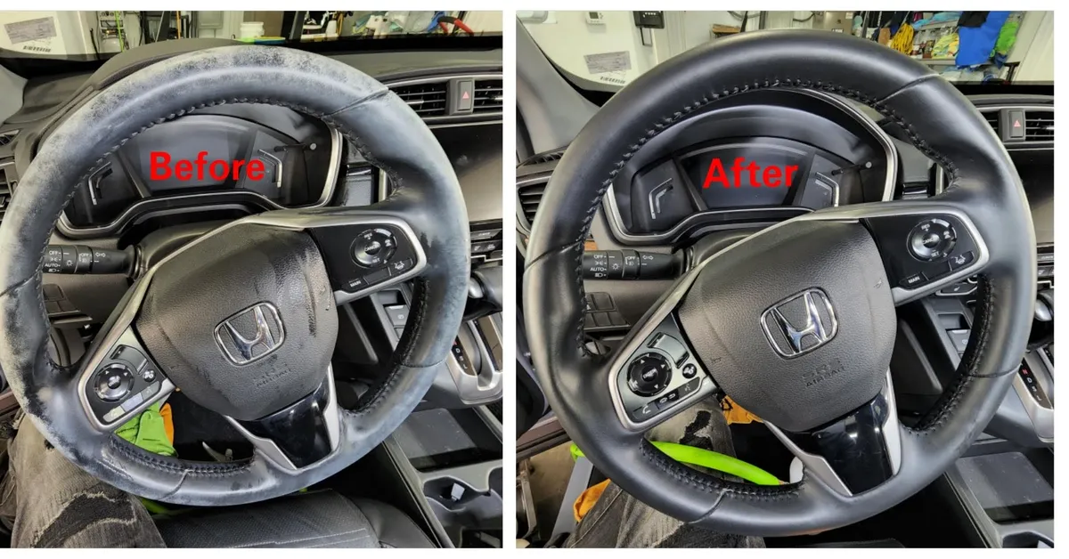 Before and after steering wheel detail